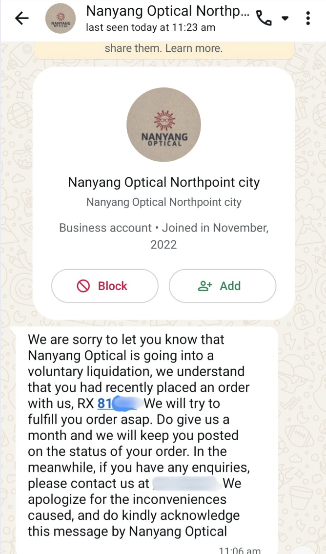 WhatsApp message from Nanyang Optical about voluntary liquidation